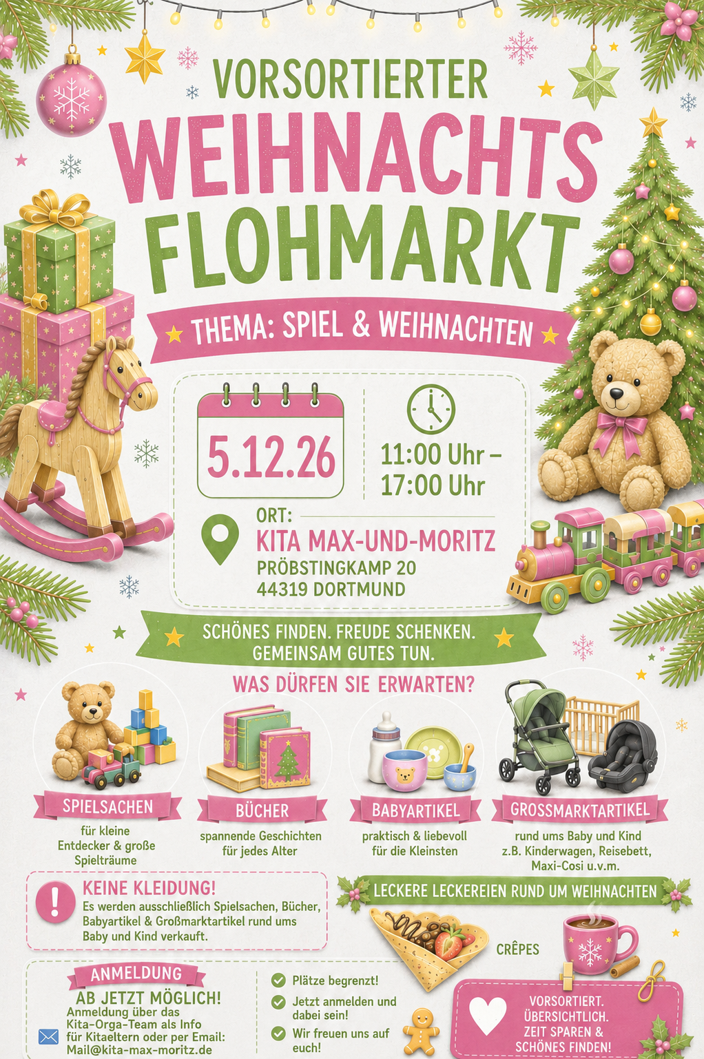 Flyer zum vorsortierten Weihnachtsflohmarkt der Kita Max und Moritz
