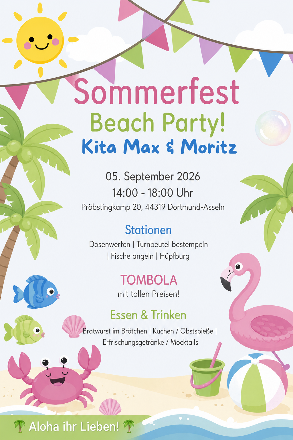Flyer zum Sommerfest Beach Party der Kita Max und Moritz